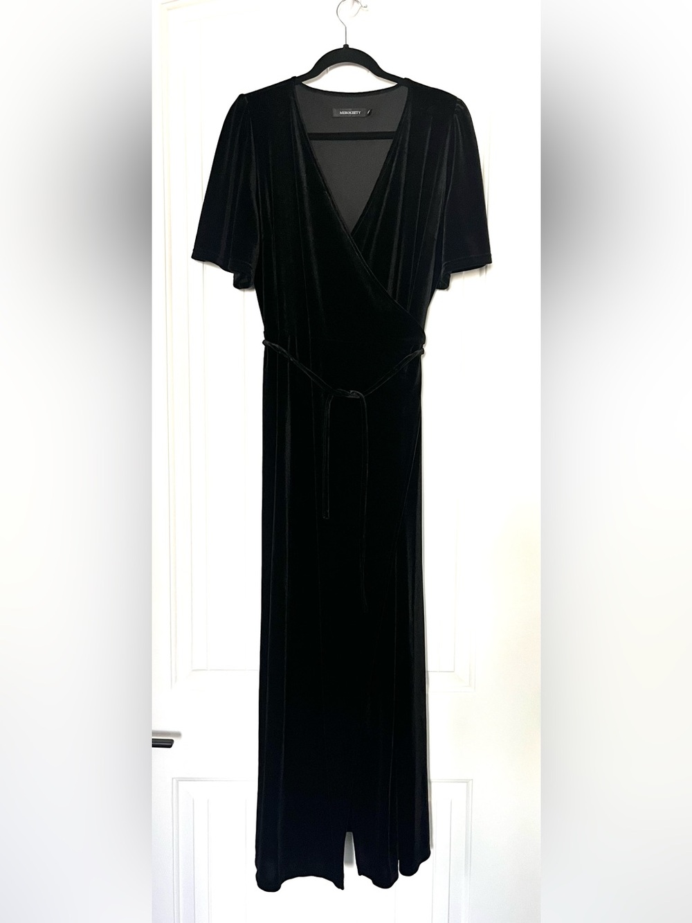 Black Velvet Wrap Maxi Dress with Short Sleeves